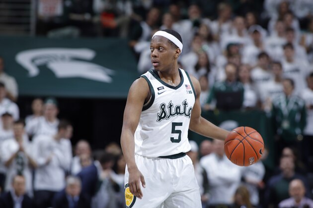 Michigan State's Cassius Winston is shown during an NCAA college basketball game against Michigan, Saturday, March 9, 2019, in East Lansing, Mich. Michigan State won 75-63. (AP Photo/Al Goldis)