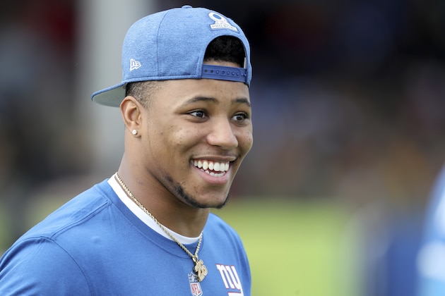 NFC running back Saquon Barkley is seen at the Pro Bowl Skills Challenge, Wednesday, January 23, 2019, in Kissimmee, FL. (AP Photo/Gregory Payan)
