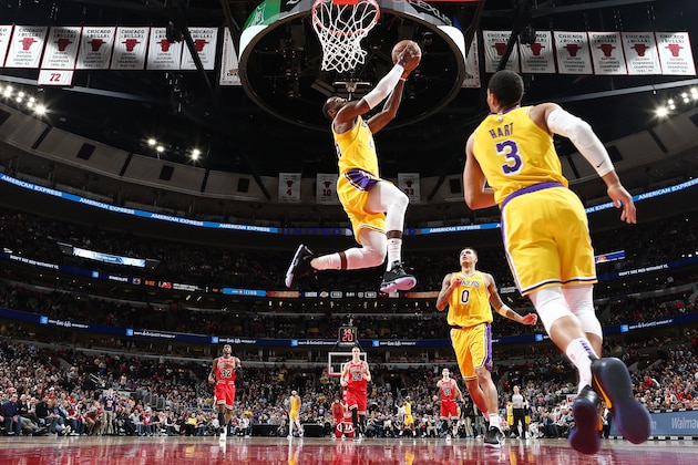 CHICAGO, IL - MARCH 12:  LeBron James #23 of the Los Angeles Lakers dunks the ball against the Chicago Bulls on March 12, 2019 at the United Center in Chicago, Illinois. NOTE TO USER: User expressly acknowledges and agrees that, by downloading and or using this photograph, user is consenting to the terms and conditions of the Getty Images License Agreement.  Mandatory Copyright Notice: Copyright 2019 NBAE (Photo by Nathaniel S. Butler/NBAE via Getty Images)
