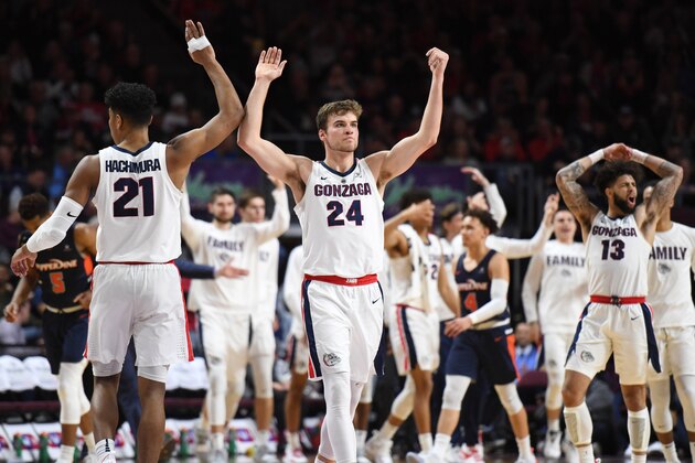 LAS VEGAS, NEVADA - MARCH 11:  Rui Hachimura #21 and Corey Kispert #24 of the Gonzaga Bulldogs celebrate during a semifinal game of the West Coast Conference basketball tournament against the Pepperdine Waves at the Orleans Arena on March 11, 2019 in Las Vegas, Nevada. The Bulldogs defeated the Waves 100-74.  (Photo by Ethan Miller/Getty Images)