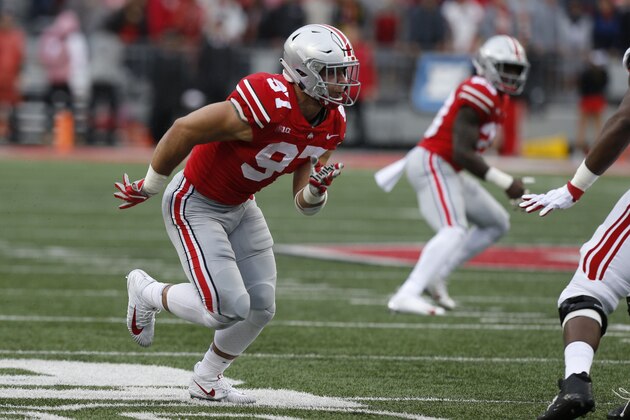Ohio State defensive lineman Nick Bosa plays against Rutgers during an NCAA college football game Saturday, Sept. 8, 2018, in Columbus, Ohio. (AP Photo/Jay LaPrete)