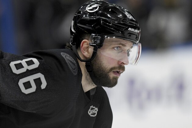 Tampa Bay Lightning right wing Nikita Kucherov (86) during the third period of an NHL hockey game against the Detroit Red Wings Saturday, March 9, 2019, in Tampa, Fla. (AP Photo/Jason Behnken)
