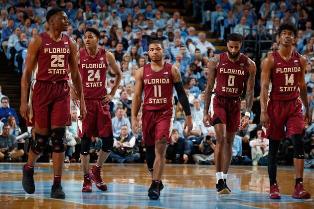 CHAPEL HILL, NC - FEBRUARY 23: Mfiondu Kabengele #25, Devin Vassell #24, David Nichols #11, Phil Cofer #0 and Terance Mann #14 of the Florida State Seminoles line up during a game against the North Carolina Tar Heels on February 23, 2019 at the Dean Smith Center in Chapel Hill, North Carolina. North Carolina won 59-77. (Photo by Peyton Williams/UNC/Getty Images)