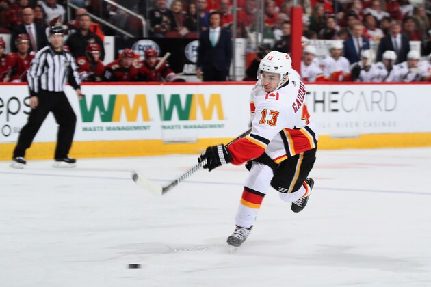 GLENDALE, ARIZONA - MARCH 07:  Johnny Gaudreau #13 of the Calgary Flames shoots the puck during the third period of the NHL game against the Arizona Coyotes at Gila River Arena on March 07, 2019 in Glendale, Arizona. The Coyotes defeated the Flames 2-0. (Photo by Christian Petersen/Getty Images)