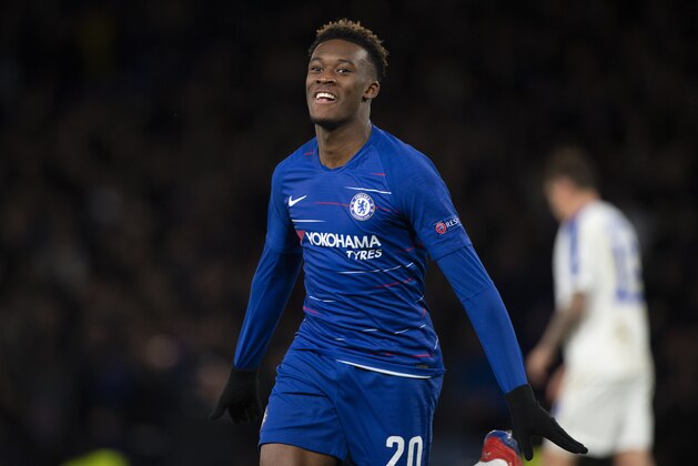 LONDON, ENGLAND - MARCH 07:  Callum Hudson-Odoi  of Chelsea celebrates his goal during the UEFA Europa League Round of 16 First Leg match between Chelsea and Dynamo Kyiv at Stamford Bridge on March 07, 2019 in London, England. (Photo by Visionhaus/Getty Images)