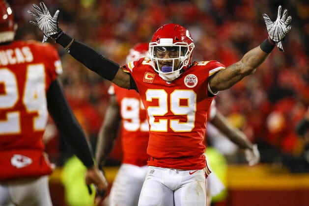 KANSAS CITY, MO - JANUARY 20: Safety Eric Berry #29 of the Kansas City Chiefs celebrates the fourth quarter interception of teammate safety Daniel Sorensen #49 of the Kansas City Chiefs against the New England Patriots in the AFC Championship Game at Arrowhead Stadium on January 20, 2019 in Kansas City, Missouri. (Photo by David Eulitt/Getty Images)