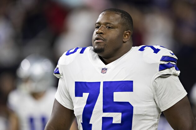 HOUSTON, TX - OCTOBER 7:  Cameron Fleming #75 of the Dallas Cowboys warms up before a game against the Houston Texans at NRG Stadium on October 7, 2018 in Houston, Texans.  The Texans defeated the Cowboys in overtime 19-16.  (Photo by Wesley Hitt/Getty Images)