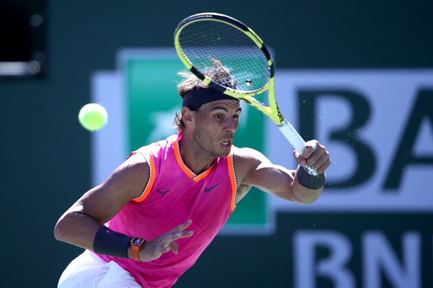 INDIAN WELLS, CALIFORNIA - MARCH 13:  Rafael Nadal of Spain serves against Filip Krajinovic of Serbia during their match at the BNP Paribas Open at the Indian Wells Tennis Garden on March 13, 2019 in Indian Wells, California. (Photo by Sean M. Haffey/Getty Images)