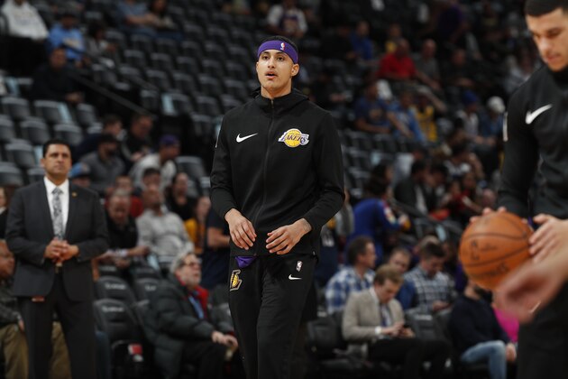 Los Angeles Lakers forward Kyle Kuzma (0) in the first half of an NBA basketball game Tuesday, Nov. 27, 2018, in Denver. (AP Photo/David Zalubowski)