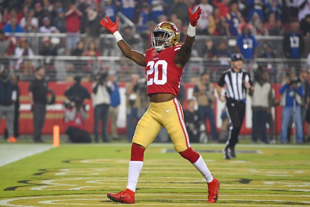 SANTA CLARA, CA - NOVEMBER 12:  Jimmie Ward #20 of the San Francisco 49ers reacts after making a play against the New York Giants during their NFL football game at Levi's Stadium on November 12, 2018 in Santa Clara, California.  (Photo by Thearon W. Henderson/Getty Images)