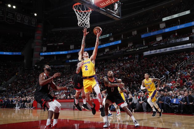 HOUSTON, TX - JANUARY 19 :  Lonzo Ball #2 of the Los Angeles Lakers shoots the ball against the Houston Rockets on January 19, 2019 at the Toyota Center in Houston, Texas. NOTE TO USER: User expressly acknowledges and agrees that, by downloading and or using this photograph, User is consenting to the terms and conditions of the Getty Images License Agreement. Mandatory Copyright Notice: Copyright 2019 NBAE (Photo by Jeff Haynes/NBAE via Getty Images)