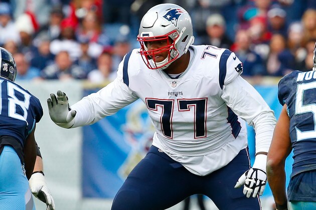NASHVILLE, TN - NOVEMBER 11:  Trent Brown #77 of the New England Patriots blocks against of the Tennessee Titans at Nissan Stadium on November 11, 2018 in Nashville, Tennessee.  (Photo by Frederick Breedon/Getty Images)
