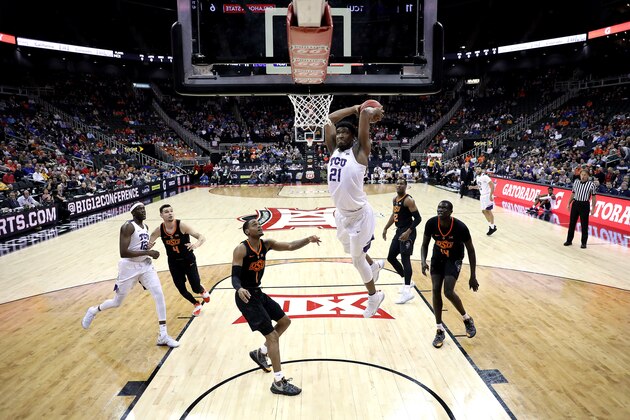 KANSAS CITY, MISSOURI - MARCH 13:  Kevin Samuel #21 of the TCU Horned Frogs goes up for a dunk during the first round game of the Big 12 Basketball Tournament against the Oklahoma State Cowboys at the Sprint Center on March 13, 2019 in Kansas City, Missouri. (Photo by Jamie Squire/Getty Images)