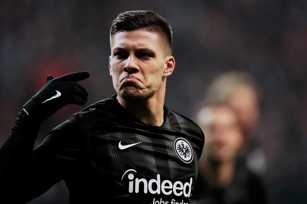 FRANKFURT, GERMANY - NOVEMBER 29: Luka Jovic of Eintracht Frankfurt celebrates 1-0  during the UEFA Europa League   match between Eintracht Frankfurt v Olympique Marseille at the Commerzbank Arena on November 29, 2018 in Frankfurt Germany (Photo by Jeroen Meuwsen/Soccrates/Getty Images)