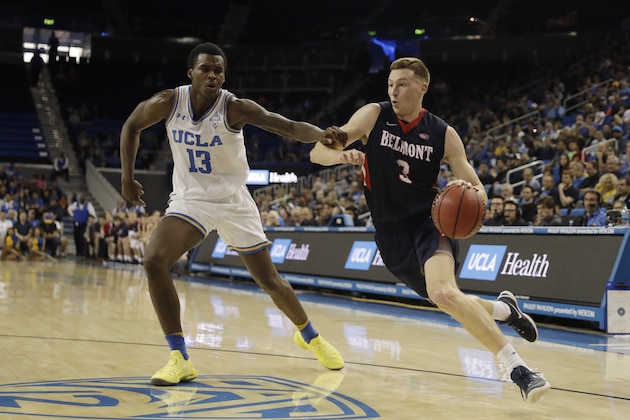 Belmont guard Dylan Windler (3) is defended by UCLA guard Kris Wilkes (13) during the first half of an NCAA college basketball game Saturday, Dec. 15, 2018, in Los Angeles. (AP Photo/Marcio Jose Sanchez)