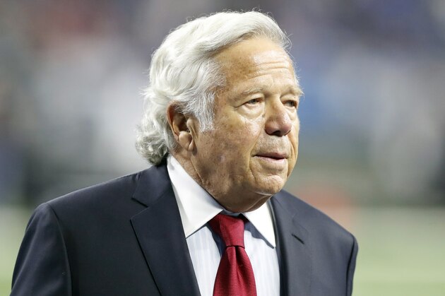 FILE - In this Sept. 23, 2018, file photo, New England Patriots owner Robert Kraft walks on the sidelines before an NFL football game against the Detroit Lions in Detroit. Kraft has pleaded not guilty to two counts of misdemeanor solicitation of prostitution. Kraft’s attorney Jack Goldberger filed the written plea in Palm Beach County, Fla., court documents released Thursday, Feb. 28, 2019. The 77-year-old Kraft is requesting a non-jury trial. (AP Photo/Carlos Osorio, File)