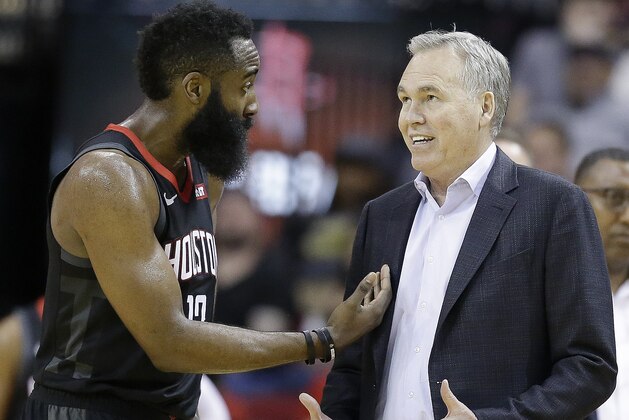 Houston Rockets guard James Harden (13) and head coach Mike D'Antoni talk during a timeout during the second half of an NBA basketball game against the Atlanta Hawks, Monday, Feb. 25, 2019, in Houston. (AP Photo/Eric Christian Smith)