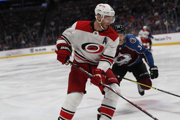 Carolina Hurricanes center Jordan Staal (11) in the first period of an NHL hockey game Monday, March 11, 2019, in Denver. (AP Photo/David Zalubowski)