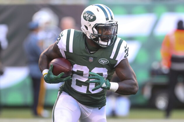 New York Jets running back Isaiah Crowell (20) runs with the ball during an NFL football game against the New York Jets, Sunday, Nov. 11, 2018 in East Rutherford, N.J. (Ed Mulholland/AP Images for Panini)