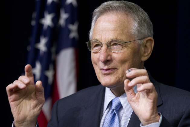 FILE - In this June 20, 2012 file photo, former Sen. Birch Bayh, D-Ind., the author of Title IX in Congress, speaks during a forum in the South Court Auditorium at the White House in Washington in a gathering to celebrate the 40th anniversary of Title IX. Bayh, who championed the federal law banning discrimination against women in college admissions and sports, has died. He was 91. Bayh died early Thursday, March 14, 2019, surrounded by his family at his home in Easton, Md., according to a statement released by his family.  (AP Photo/Manuel Balce Ceneta, File)