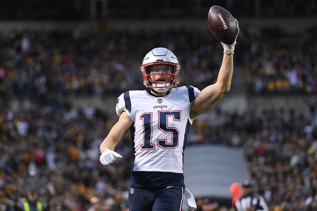PITTSBURGH, PA - DECEMBER 16: Chris Hogan #15 of the New England Patriots reacts after a 63 yard touchdown reception in the first quarter during the game against the Pittsburgh Steelers at Heinz Field on December 16, 2018 in Pittsburgh, Pennsylvania. (Photo by Justin Berl/Getty Images)