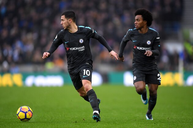 BRIGHTON, ENGLAND - JANUARY 20:  Eden Hazard of Chelsea runs with the ball during the Premier League match between Brighton and Hove Albion and Chelsea at Amex Stadium on January 20, 2018 in Brighton, England.  (Photo by Mike Hewitt/Getty Images)