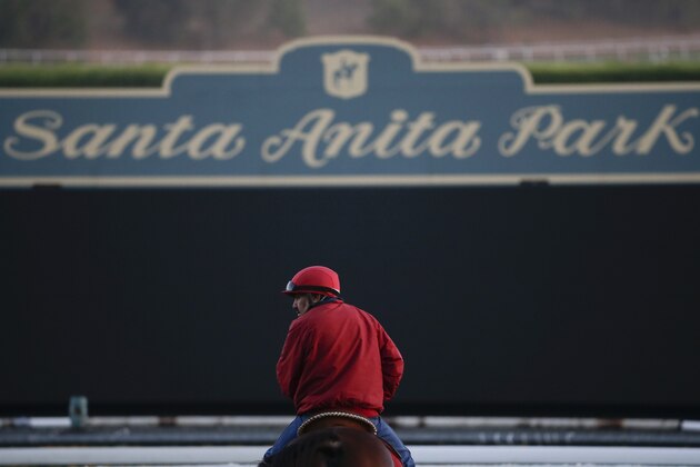 FILE - In this Oct. 29, 2014 file, photo, an outrider waits by the track as horses train for the Breeders' Cup horse races at Santa Anita Park in Arcadia, Calif. A person with direct knowledge of the situation says a 21st horse has died at Santa Anita. The person spoke to The Associated Press on the condition of anonymity Tuesday, March 5, 2019 because the fatality has not been announced publicly. A total of 21 horses have died since the racetrack's winter meet began on Dec. 26. (AP Photo/Jae C. Hong, File)