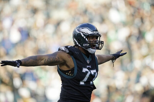 Philadelphia Eagles' Michael Bennett celebrates after sacking New York Giants quarterback Eli Manning during the second half of an NFL football game, Sunday, Nov. 25, 2018, in Philadelphia. (AP Photo/Michael Perez)
