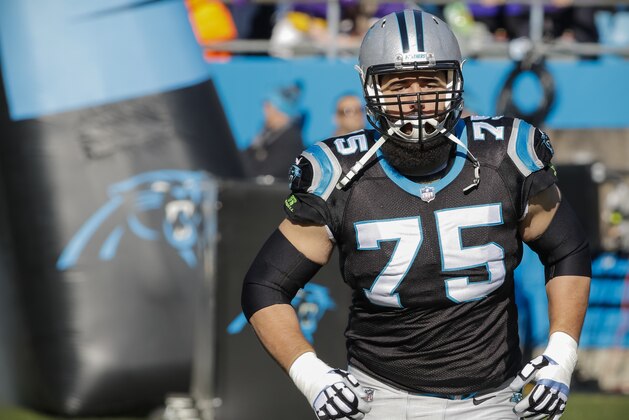 Carolina Panthers' Matt Kalil (75) makes his way onto the field during introductions before an NFL football game against the Minnesota Vikings in Charlotte, N.C., Sunday, Dec. 10, 2017. The Panthers won 31-24. (AP Photo/Bob Leverone)