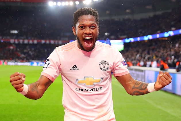 PARIS, FRANCE - MARCH 06: Fred of Manchester United celebrates at full-time following the UEFA Champions League Round of 16 Second Leg match between Paris Saint-Germain and Manchester United at Parc des Princes on March 06, 2019 in Paris, France. (Photo by Chris Brunskill/Fantasista/Getty Images)