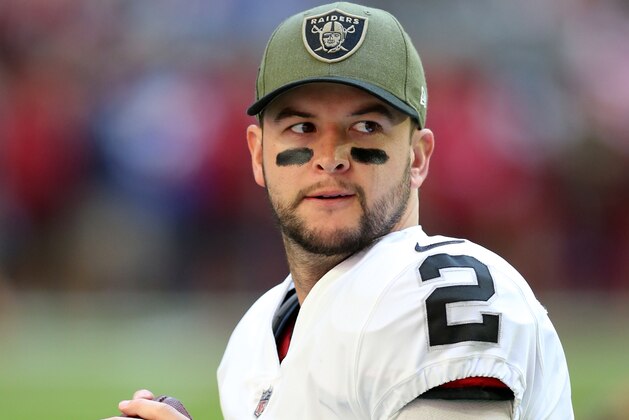 PHOENIX, AZ - NOVEMBER 18:  AJ McCarron #2 of the Oakland Raiders warms up during the game against the Arizona Cardinals at State Farm Stadium on November 18, 2018 in Glendale, Arizona.  The Raiders defeated the Cardinals 23-21.  (Photo by Rob Leiter/Getty Images)