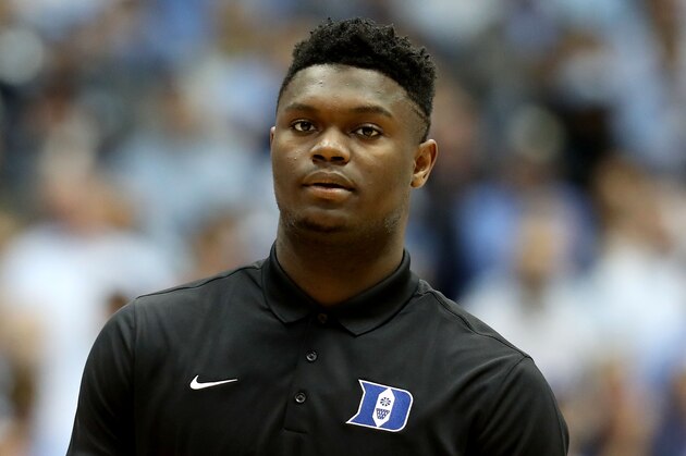 CHAPEL HILL, NORTH CAROLINA - MARCH 09: Zion Williamson #1 of the Duke Blue Devils watches on before their game against the North Carolina Tar Heels at Dean Smith Center on March 09, 2019 in Chapel Hill, North Carolina. (Photo by Streeter Lecka/Getty Images)
