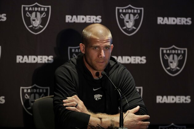 Oakland Raiders wide receiver Jordy Nelson speaks during a press conference at the Hilton London Wembley hotel in London, Friday, Oct. 12, 2018. The Oakland Raiders arrived in Britain Friday for an NFL regular season game against the Seattle Seahawks in London on Sunday. (AP Photo/Matt Dunham)