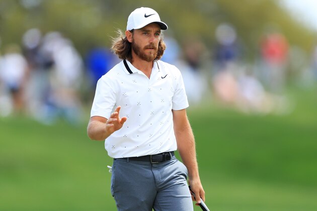 PONTE VEDRA BEACH, FLORIDA - MARCH 14: Tommy Fleetwood of England reacts after a putt on the ninth green during the first round of The PLAYERS Championship on The Stadium Course at TPC Sawgrass on March 14, 2019 in Ponte Vedra Beach, Florida. (Photo by Sam Greenwood/Getty Images)