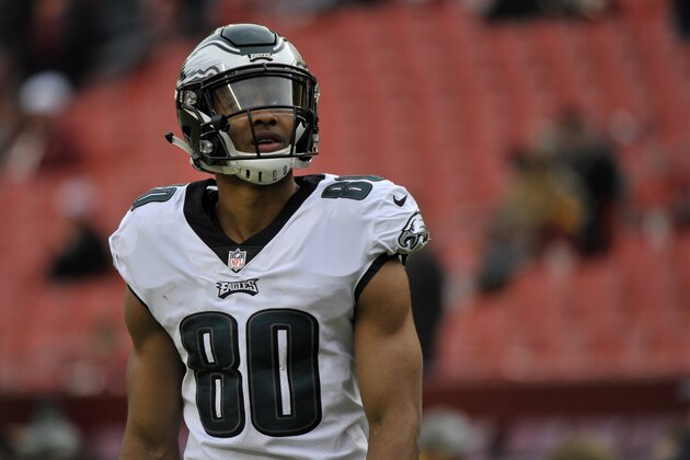 Philadelphia Eagles wide receiver Jordan Matthews warms up prior to an NFL football game against the Washington Redskins, Sunday, Dec. 30, 2018, in Landover, Md. (AP Photo/Mark Tenally)