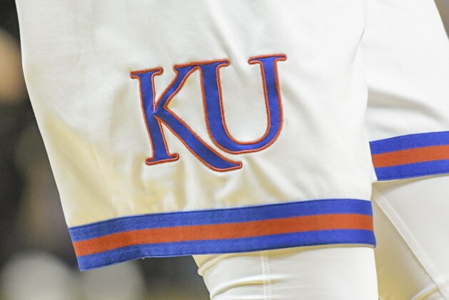 BROOKLYN, NY - NOVEMBER 21:  The Kansas University logo during the NIT Season Tip-Off game between the Kansas Jayhawks and the Marquette Golden Eagles at the Barclays Center on Nov. 21, 2018 in the Brooklyn borough of New York City.  (Photo by Porter Binks/Getty Images)