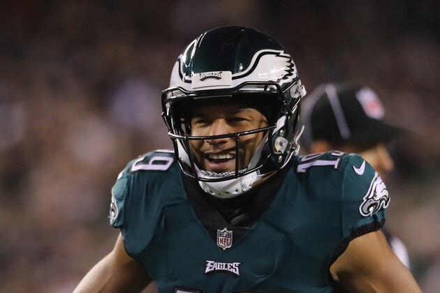 PHILADELPHIA, PA - DECEMBER 03:  Wide receiver Golden Tate #19 of the Philadelphia Eagles celebrates against the Washington Redskins during the third quarter at Lincoln Financial Field on December 3, 2018 in Philadelphia, Pennsylvania.  (Photo by Elsa/Getty Images)