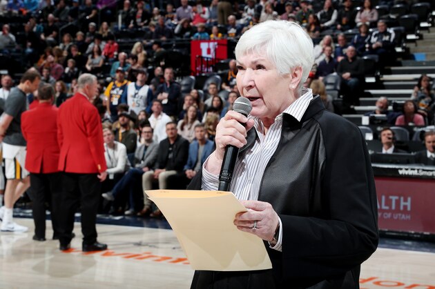 SALT LAKE CITY, UT - MARCH 14: Utah Jazz Owner Gail Miller address the crowd prior to the start of the game against the Minnesota Timberwolves on March 14, 2019 at vivint.SmartHome Arena in Salt Lake City, Utah. NOTE TO USER: User expressly acknowledges and agrees that, by downloading and or using this Photograph, User is consenting to the terms and conditions of the Getty Images License Agreement. Mandatory Copyright Notice: Copyright 2019 NBAE (Photo by Melissa Majchrzak/NBAE via Getty Images)