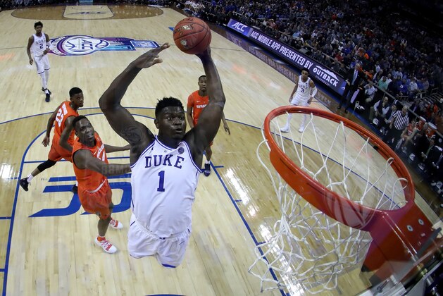 CHARLOTTE, NORTH CAROLINA - MARCH 14: Zion Williamson #1 of the Duke Blue Devils dunks the ball against the Syracuse Orange during their game in the quarterfinal round of the 2019 Men's ACC Basketball Tournament at Spectrum Center on March 14, 2019 in Charlotte, North Carolina. (Photo by Streeter Lecka/Getty Images)