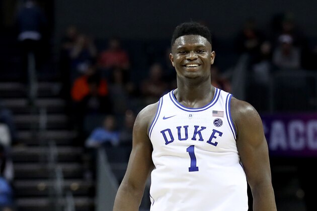 CHARLOTTE, NORTH CAROLINA - MARCH 14: Zion Williamson #1 of the Duke Blue Devils reacts against the Syracuse Orange during their game in the quarterfinal round of the 2019 Men's ACC Basketball Tournament at Spectrum Center on March 14, 2019 in Charlotte, North Carolina. (Photo by Streeter Lecka/Getty Images)