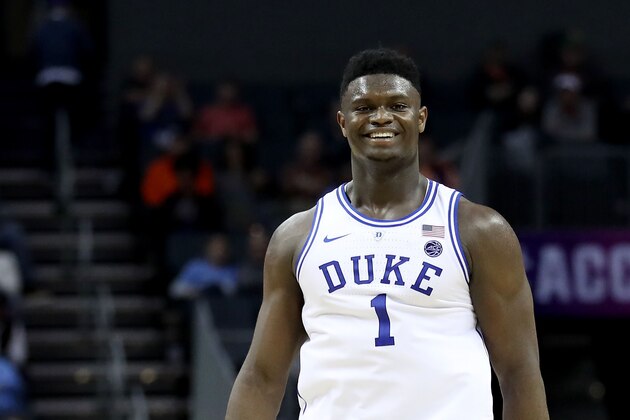 CHARLOTTE, NORTH CAROLINA - MARCH 14: Zion Williamson #1 of the Duke Blue Devils reacts against the Syracuse Orange during their game in the quarterfinal round of the 2019 Men's ACC Basketball Tournament at Spectrum Center on March 14, 2019 in Charlotte, North Carolina. (Photo by Streeter Lecka/Getty Images)
