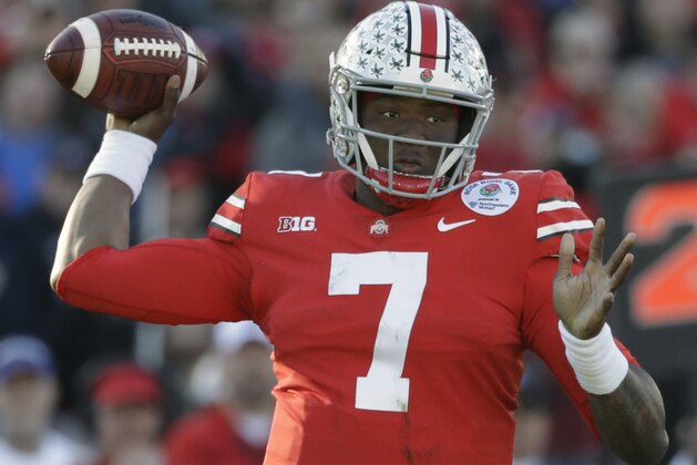 FILE - In this Jan. 1, 2019, file photo, Ohio State quarterback Dwayne Haskins passes during the first half of the Rose Bowl NCAA college football game against Washington, in Pasadena, Calif. A record number of college football players are bypassing remaining years of eligibility to enter the NFL draft, including Dwayne Haskins. (AP Photo/Jae C. Hong, File)