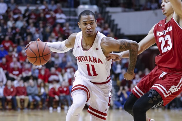 BLOOMINGTON, IN - FEBRUARY 26: Devonte Green #11 of the Indiana Hoosiers dribbles the ball during the game against the Wisconsin Badgers at Assembly Hall on February 26, 2019 in Bloomington, Indiana. (Photo by Michael Hickey/Getty Images)