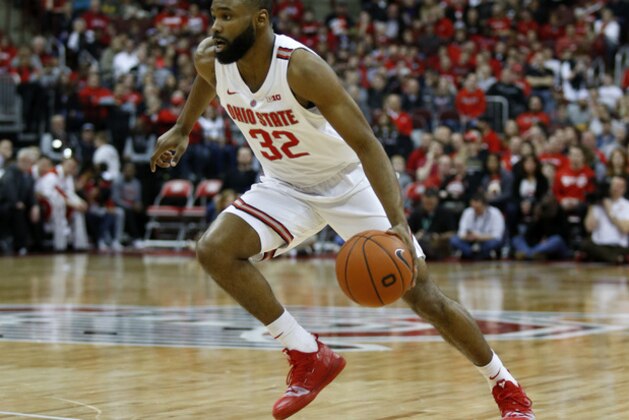 Ohio State guard Keyshawn Woods drives against Wisconsin during an NCAA college basketball game in Columbus, Ohio, Sunday, March 10, 2019. Wisconsin won 73-67 in overtime. (AP Photo/Paul Vernon)