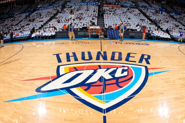 OKLAHOMA CITY, OK - MAY 15: The Oklahoma City Thunder logo sits on display on the court before the team played the Memphis Grizzlies in Game Five of the Western Conference Semifinals during the 2013 NBA Playoffs on May 15, 2013 at the Chesapeake Energy Arena in Oklahoma City, Oklahoma. NOTE TO USER: User expressly acknowledges and agrees that, by downloading and or using this Photograph, user is consenting to the terms and conditions of the Getty Images License Agreement. Mandatory Copyright Notice: Copyright 2013 NBAE (Photo by Joe Murphy/NBAE via Getty Images)