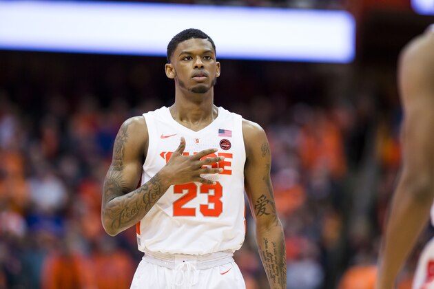 SYRACUSE, NY - MARCH 04:  Frank Howard #23 of the Syracuse Orange motions to a teammate during the first half against the Virginia Cavaliers at the Carrier Dome on March 4, 2019 in Syracuse, New York. Virginia defeats Syracuse 79-53.  (Photo by Brett Carlsen/Getty Images)