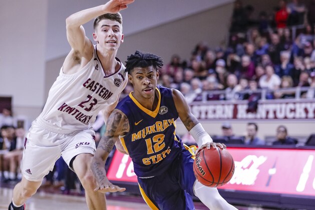 RICHMOND, KY - FEBRUARY 16: Ja Morant #12 of the Murray State Racers brings the ball up court during the game against the Eastern Kentucky Colonels at CFSB Center on February 16, 2019 in Murray, Kentucky. (Photo by Michael Hickey/Getty Images)