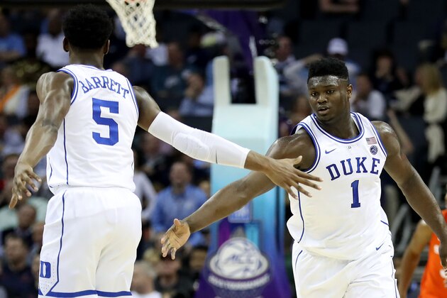 CHARLOTTE, NORTH CAROLINA - MARCH 14: Zion Williamson #1 and teammate RJ Barrett #5 of the Duke Blue Devils react against the Syracuse Orange during their game in the quarterfinal round of the 2019 Men's ACC Basketball Tournament at Spectrum Center on March 14, 2019 in Charlotte, North Carolina. (Photo by Streeter Lecka/Getty Images)