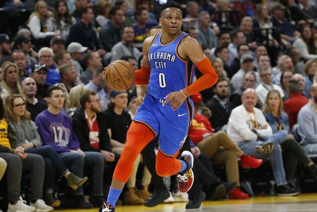 Oklahoma City Thunder guard Russell Westbrook brings the ball up court in the first half during an NBA basketball game against the Utah Jazz Monday, March 11, 2019, in Salt Lake City. (AP Photo/Rick Bowmer)