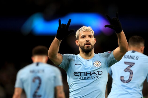 MANCHESTER, ENGLAND - MARCH 12: Sergio Aguero of Manchester City celebrates scoring this 2nd goal during the UEFA Champions League Round of 16 Second Leg match between Manchester City v FC Schalke 04 at Etihad Stadium on March 12, 2019 in Manchester, England. (Photo by Marc Atkins/Getty Images)